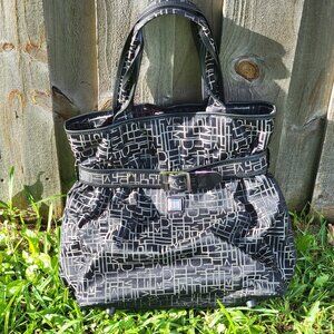 Gray and Black Diane Von Furstenberg (DVF) Monogram Print Oversized Bucket Tote